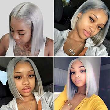 Lovigs Grey Lace Front Wigs Human Hair Natural Hairline Short Bob Wig Straight Hair Grey Wigs for Women Brazilian Virgin Bob Wig Human Hair with Baby Hair(8 Inch)