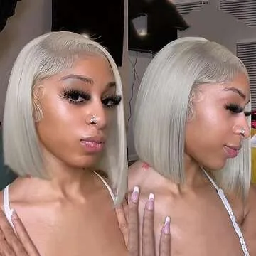 Lovigs Grey Lace Front Wigs Human Hair Natural Hairline Short Bob Wig Straight Hair Grey Wigs for Women Brazilian Virgin Bob Wig Human Hair with Baby Hair(8 Inch)