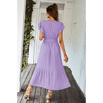 PRETTYGARDEN Women's Summer Floral Boho Dress Wrap V Neck Short Sleeve Ruffle A-Line Flowy Maxi Wedding Guest Dresses (Solid Purple,Medium)