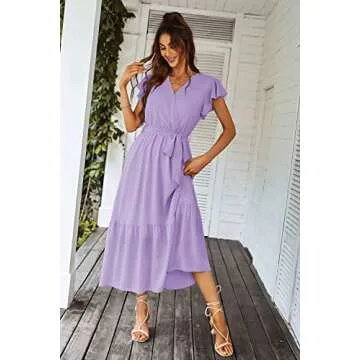 PRETTYGARDEN Women's Summer Floral Boho Dress Wrap V Neck Short Sleeve Ruffle A-Line Flowy Maxi Wedding Guest Dresses (Solid Purple,Medium)