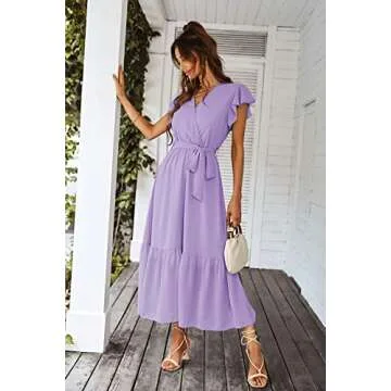 PRETTYGARDEN Women's Summer Floral Boho Dress Wrap V Neck Short Sleeve Ruffle A-Line Flowy Maxi Wedding Guest Dresses (Solid Purple,Medium)