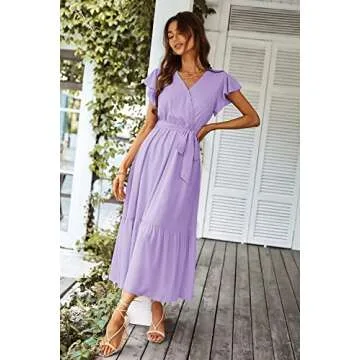 PRETTYGARDEN Women's Summer Floral Boho Dress Wrap V Neck Short Sleeve Ruffle A-Line Flowy Maxi Wedding Guest Dresses (Solid Purple,Medium)