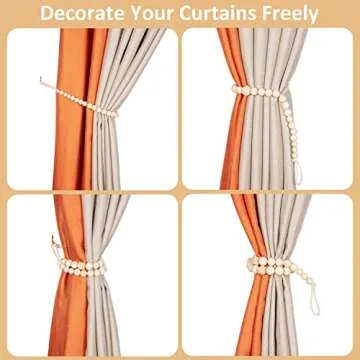 Wood Bead Curtain Tiebacks, KLOGTSIND Set of 2 Curtain Holdbacks for Thin or Thick Window Draperies, Boho Farmhouse Curtain Tiebacks with Hooks, Curtain Tie Backs for Home Office Room Decor