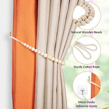 Wood Bead Curtain Tiebacks, KLOGTSIND Set of 2 Curtain Holdbacks for Thin or Thick Window Draperies, Boho Farmhouse Curtain Tiebacks with Hooks, Curtain Tie Backs for Home Office Room Decor