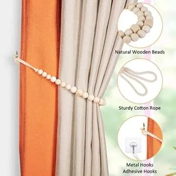 Wood Bead Curtain Tiebacks, KLOGTSIND Set of 2 Curtain Holdbacks for Thin or Thick Window Draperies, Boho Farmhouse Curtain Tiebacks with Hooks, Curtain Tie Backs for Home Office Room Decor