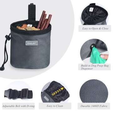 VIVAGLORY PawTreat Dog Treat Pouch Dog Training Treat Pouch Puppy Treat Bag Pet Treat Belt Bag for Walking Belt Holder Clip On Strap Poop Bag Waist Snack Reward Food Wearable 4 Cups Grey