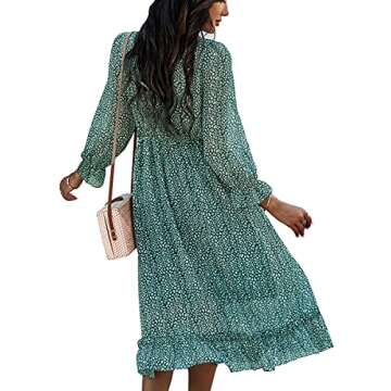 MOPOOGOSS Fall Dress for Women Elegant Fashionable Spring Long Fall Casual Sexy Deep V Neck Ruffle Chiffon Lantern Long Sleeve Fashionable Boho Hawaiian Flowy Maxi Dresses for Women Green Medium