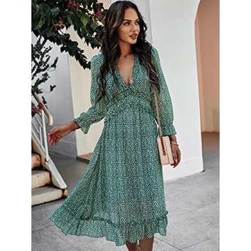 MOPOOGOSS Fall Dress for Women Elegant Fashionable Spring Long Fall Casual Sexy Deep V Neck Ruffle Chiffon Lantern Long Sleeve Fashionable Boho Hawaiian Flowy Maxi Dresses for Women Green Medium