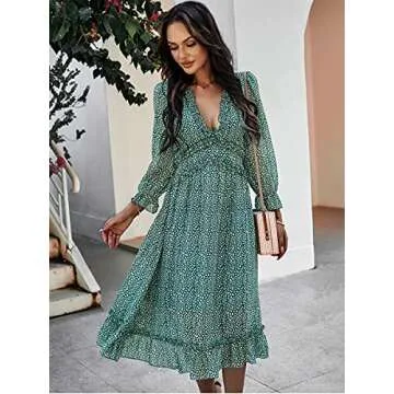 MOPOOGOSS Fall Dress for Women Elegant Fashionable Spring Long Fall Casual Sexy Deep V Neck Ruffle Chiffon Lantern Long Sleeve Fashionable Boho Hawaiian Flowy Maxi Dresses for Women Green Medium