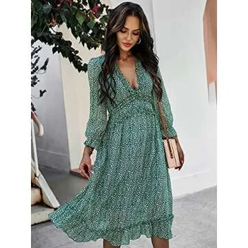 MOPOOGOSS Fall Dress for Women Elegant Fashionable Spring Long Fall Casual Sexy Deep V Neck Ruffle Chiffon Lantern Long Sleeve Fashionable Boho Hawaiian Flowy Maxi Dresses for Women Green Medium