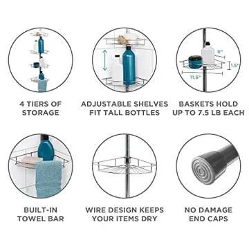 Zenna Home Tension Pole Shower Caddy with Adjustable Shelves