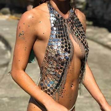 Ytzada Women's Body Belly Chain Silver Bra Jewelry Sexy Necklace Bikini for Beach Party