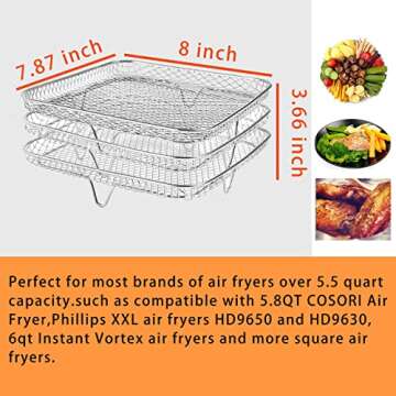 Air Fryer Rack for COSORI Air Fryer,Instant Vortex,Philips Air Fryer,8 inch Square Stackable Racks,Stainless Steel Multi-Layer Dehydrator Rack,Air Fryer Accessories