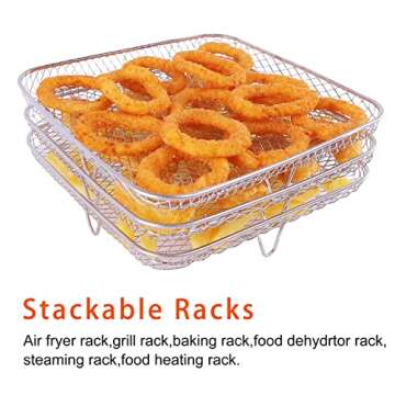 Air Fryer Rack for COSORI Air Fryer,Instant Vortex,Philips Air Fryer,8 inch Square Stackable Racks,Stainless Steel Multi-Layer Dehydrator Rack,Air Fryer Accessories