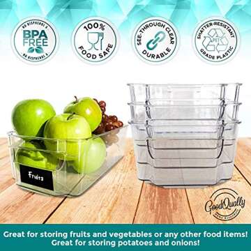 4 Pack Clear Pantry Organization & Storage Bins - BPA Free Plastic Organizer Bins Set for Kitchen, Refrigerator, Pantry & RV Storage - Stacking Fridge Organizers & Labels for Food, Snacks & Drinks