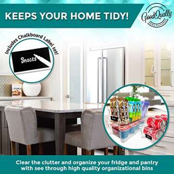 4 Pack Clear Pantry Organization & Storage Bins - BPA Free Plastic Organizer Bins Set for Kitchen, Refrigerator, Pantry & RV Storage - Stacking Fridge Organizers & Labels for Food, Snacks & Drinks