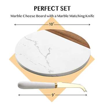 VUDECO White Marble and Acacia Wooden Cheese Board & Knife Set Marble Tray for Meats Breads Round Cutting Serving Board Cheese Cutter Slicer Stainless Steel Knife - 10" Marble Stone Cutting Board