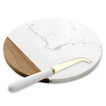 VUDECO White Marble and Acacia Wooden Cheese Board & Knife Set Marble Tray for Meats Breads Round Cutting Serving Board Cheese Cutter Slicer Stainless Steel Knife - 10" Marble Stone Cutting Board