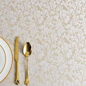 maxmill Jacquard Tablecloth Damask Design Spillproof Wrinkle Free Heavy Weight Soft Table Cloth Decorative Fabric Table Cover for Outdoor and Indoor Use Oblong 60 x 120 Inch Beige with White