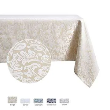 maxmill Jacquard Tablecloth Damask Design Spillproof Wrinkle Free Heavy Weight Soft Table Cloth Decorative Fabric Table Cover for Outdoor and Indoor Use Oblong 60 x 120 Inch Beige with White