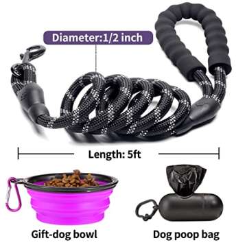 COOYOO 2 Pack Dog Leash 5 FT Heavy Duty - Comfortable Padded Handle - Reflective Dog Leash for Medium Large Dogs with Collapsible Pet Bowl