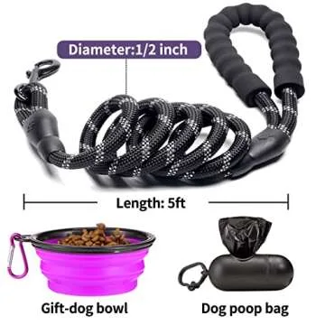 COOYOO 2 Pack Dog Leash 5 FT Heavy Duty - Comfortable Padded Handle - Reflective Dog Leash for Medium Large Dogs with Collapsible Pet Bowl