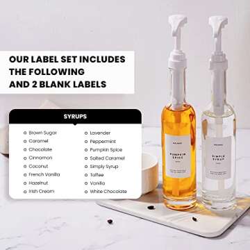 MoliMoli Coffee Syrup Dispenser for Coffee Bar, 350ml,Coffee Pump Dispenser, Glass Syrup Bottle w. Pumps, Simple Syrup Dispenser w. Labels (White) Set of 2