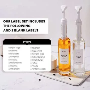 MoliMoli Coffee Syrup Dispenser for Coffee Bar, 350ml,Coffee Pump Dispenser, Glass Syrup Bottle w. Pumps, Simple Syrup Dispenser w. Labels (White) Set of 2