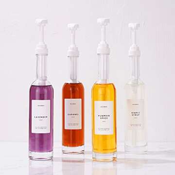 MoliMoli Coffee Syrup Dispenser for Coffee Bar, 350ml,Coffee Pump Dispenser, Glass Syrup Bottle w. Pumps, Simple Syrup Dispenser w. Labels (White) Set of 2