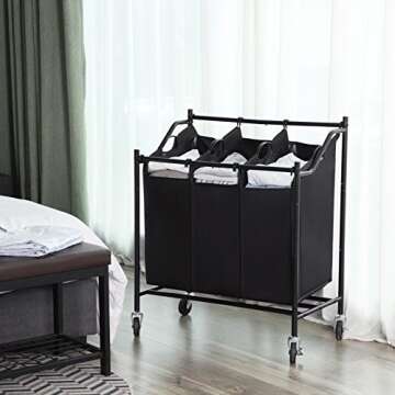SONGMICS Rolling Laundry Cart Sorter, with 3 Removable, Casters and Brakes, 3-Bag, Black