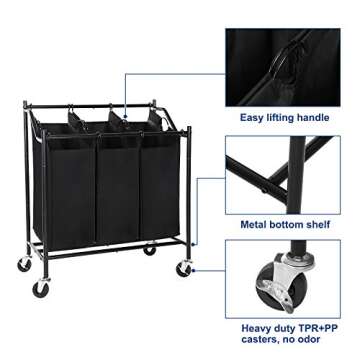 SONGMICS Rolling Laundry Cart Sorter, with 3 Removable, Casters and Brakes, 3-Bag, Black