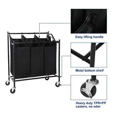 SONGMICS Rolling Laundry Cart Sorter, with 3 Removable, Casters and Brakes, 3-Bag, Black