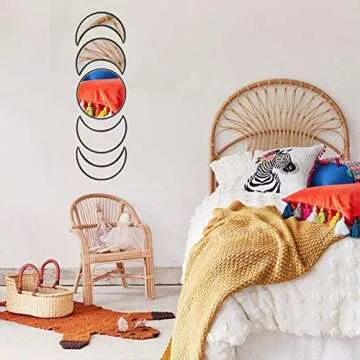 5 Pieces Scandinavian Natural Decor Acrylic Wall Decorative Mirror Interior Design Wooden Moon Phase Mirror Bohemian Wall Decoration for Home Living Room Bedroom Decor - Not Actual Mirror (beige)