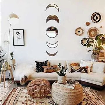 5 Pieces Scandinavian Natural Decor Acrylic Wall Decorative Mirror Interior Design Wooden Moon Phase Mirror Bohemian Wall Decoration for Home Living Room Bedroom Decor - Not Actual Mirror (beige)