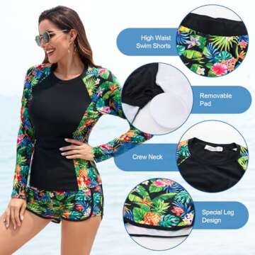 Plus Size Rash Guard Swimwear for Women Long Sleeve Two Piece Surfing Rashguard with Built in Bra