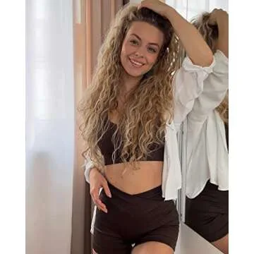 OQQ Women's 3 Piece Yoga Shorts Ribbed Seamless Workout High Waist Cross Over Athletic Leggings Black Grey Coffee