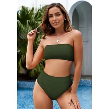 Pink Queen Women's Remove Strap Pad Thong Bikini Set Swimsuit Amry Green L