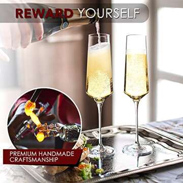 Chouggo Champagne Flutes Glass Set of 6, Hand Blown Glasses - Hand Crafted by Artisans - Premium Cry...