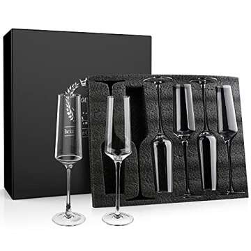 Chouggo Champagne Flutes Glass Set of 6, Hand Blown Glasses - Hand Crafted by Artisans - Premium Crystal - Gift for Birthday, Wedding, Anniversary, Christmas - 8oz, Clear