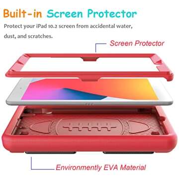 eTopxizu Kids Case with Built-in Screen Protector for New iPad 10.2 Inch 2021/2020/2019 (9th/8th/7th Gen), Shockproof Handle Stand Case for 2021/2020/2019 iPad 10.2, iPad Air 3 10.5 2019, Red