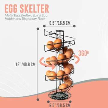 MAPABO Metal Egg Skelter, Spiral Egg Holder and Dispenser Rack – Large Capacity Countertop Storage for Fresh Eggs – Rotating Design Egg Storage Rack – Holds Up to 3 Dozen Eggs - Includes Egg Rings