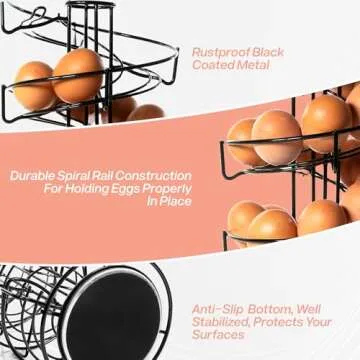 MAPABO Metal Egg Skelter, Spiral Egg Holder and Dispenser Rack – Large Capacity Countertop Storage for Fresh Eggs – Rotating Design Egg Storage Rack – Holds Up to 3 Dozen Eggs - Includes Egg Rings