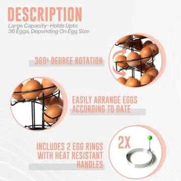 MAPABO Metal Egg Skelter, Spiral Egg Holder and Dispenser Rack – Large Capacity Countertop Storage for Fresh Eggs – Rotating Design Egg Storage Rack – Holds Up to 3 Dozen Eggs - Includes Egg Rings