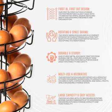 MAPABO Metal Egg Skelter, Spiral Egg Holder and Dispenser Rack – Large Capacity Countertop Storage for Fresh Eggs – Rotating Design Egg Storage Rack – Holds Up to 3 Dozen Eggs - Includes Egg Rings