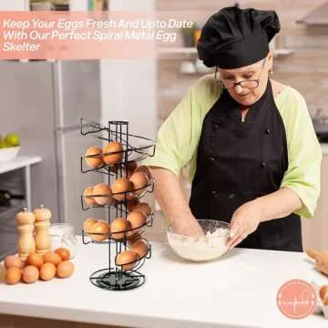 MAPABO Metal Egg Skelter, Spiral Egg Holder and Dispenser Rack – Large Capacity Countertop Storage for Fresh Eggs – Rotating Design Egg Storage Rack – Holds Up to 3 Dozen Eggs - Includes Egg Rings