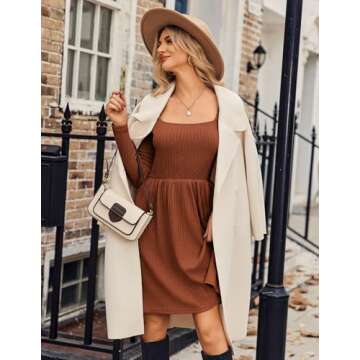 Zeagoo Fall Dress Sweater Dress Long Sleeve Dress Knit Dress with Pockets A Line Square Neck Bodycon Dress Caramel L