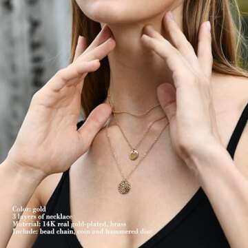Ldurian Gold Dainty Necklace, Layered Silver Necklaces for Women, 14K Gold-Plated Disc Necklace Layering Chokers for Women, Dainty Butterfly Stack Jewelry