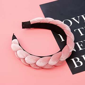 WOVOWOVO Headbands for Women, Non-Slip Soft Solid Thick Wide Solid Color Girls Hair Hoop Velvet Braided Headband's Cute Hair Accessories, Pink