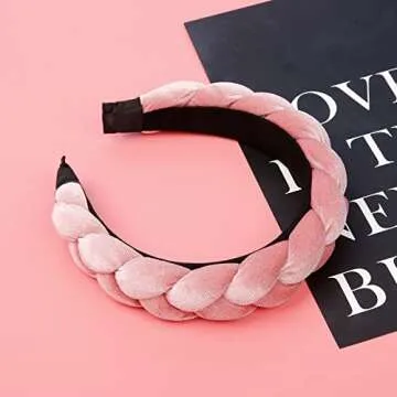 WOVOWOVO Headbands for Women, Non-Slip Soft Solid Thick Wide Solid Color Girls Hair Hoop Velvet Braided Headband's Cute Hair Accessories, Pink