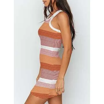 Samefar Womens Summer Sexy Bodycon Dress Scoop Neck Slim Ribbed Sleeveless Tank Dresses Striped Yellow Mini Dress Medium